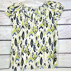 Rose + Olive Ikat Print Tassel Blouse Rayon M